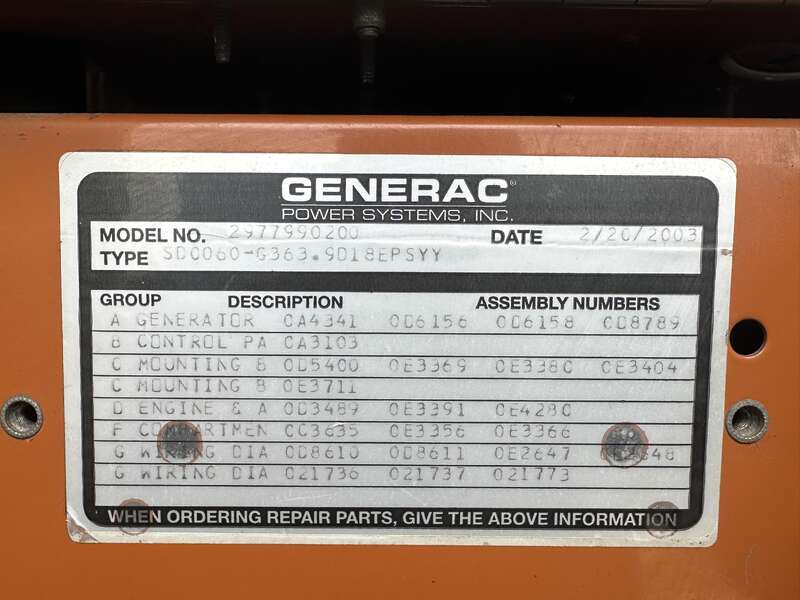 60 KW Generac #SD060, diesel generator set, 120/208 Volts, 93 HP @ 1800 RPM, Mitsubishi 4D34-T engine, sound - Image 10