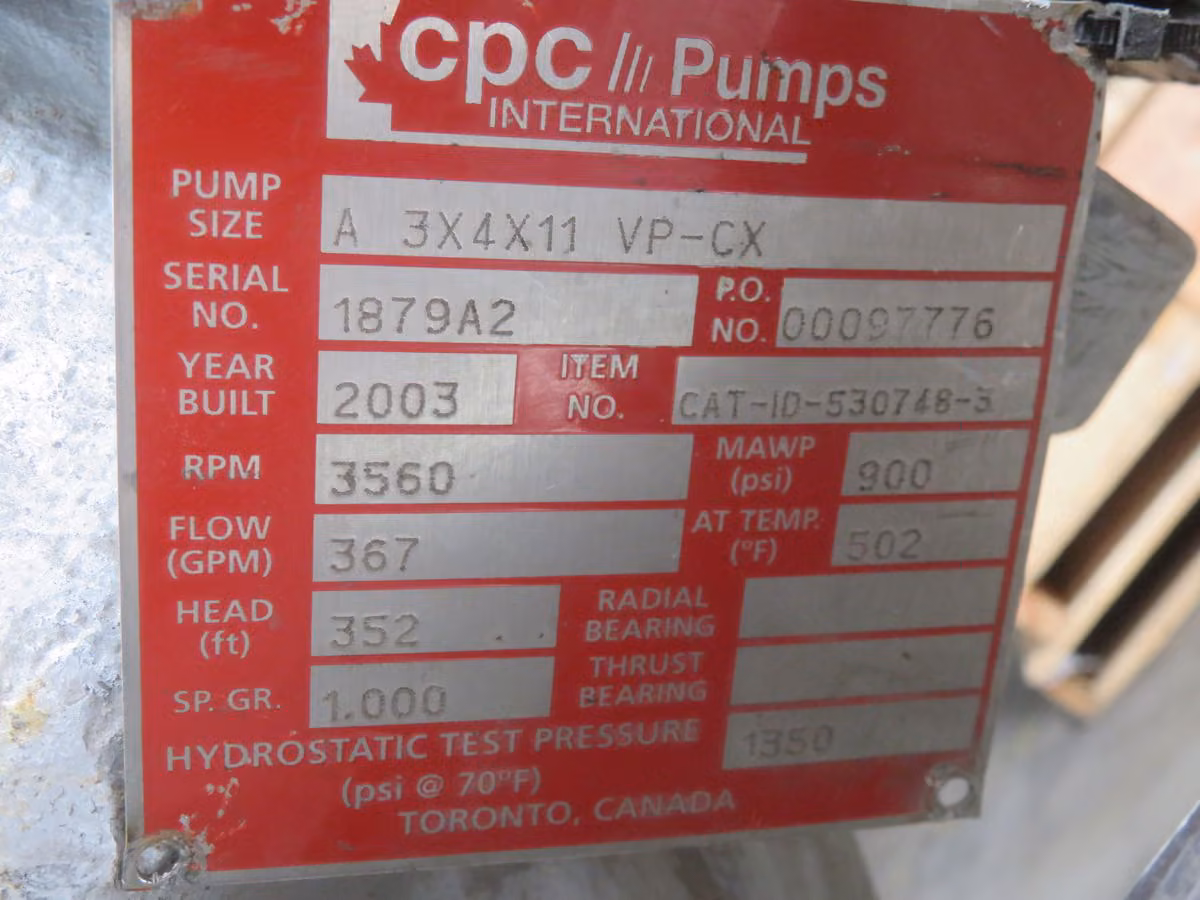 Cpc #3X4X11-VP-CX, Vertical Single Stage Centrifugal Pump, 3" Discharge, 4" Suction, 11" Impeller, 900 PSI. - Image 7