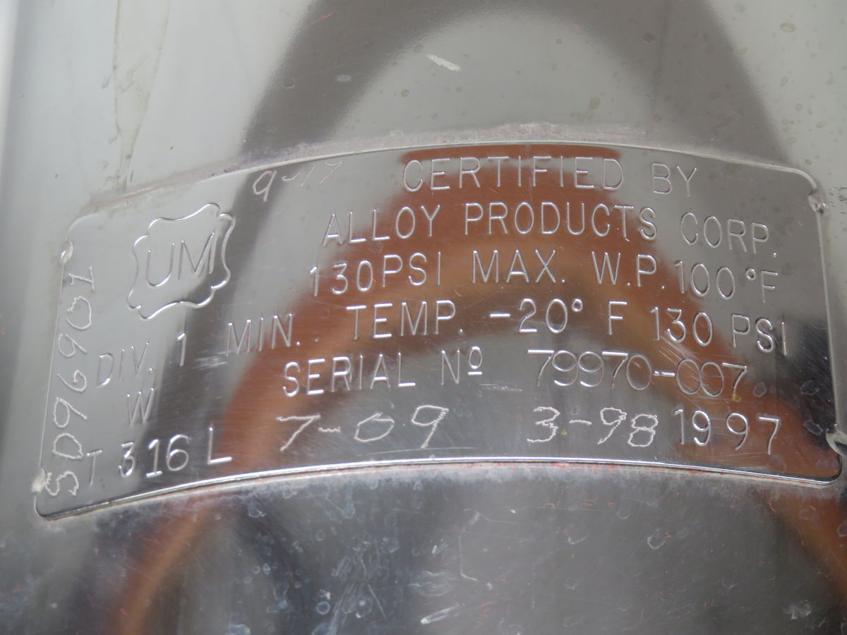 2 Gallon Alloy Products #82, Stainless Steel Pressure Vessel, T-316L, 4" x 6" Elliptical Lid - Image 9