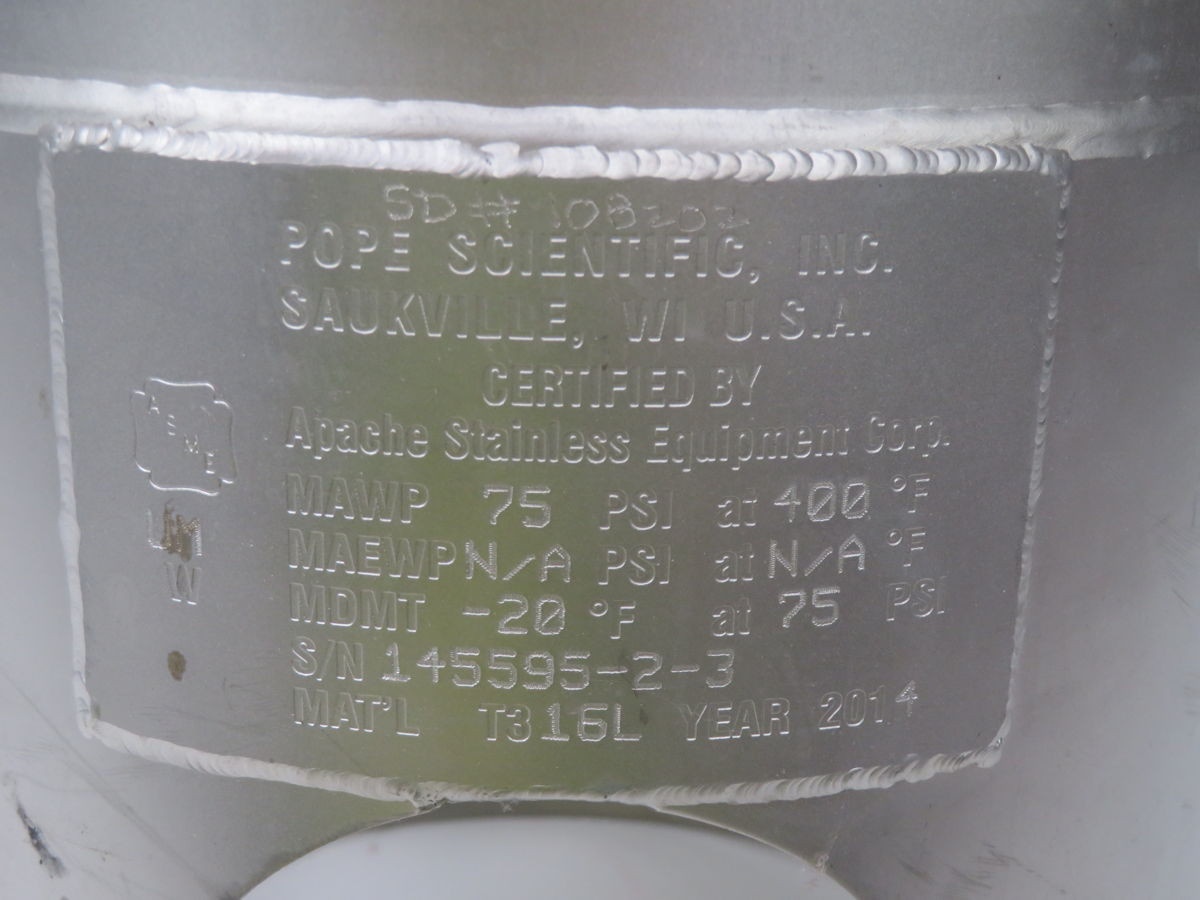 3 Gallon Pope Scientific, Stainless Steel Pressure Vessel, T-316L - Image 7