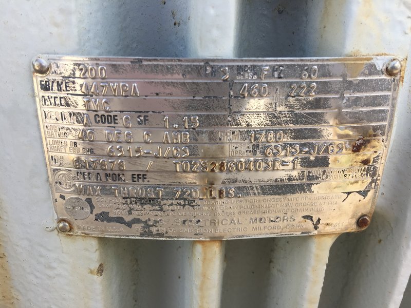 200 HP 1780 RPM U.S. Motors, Frame 447VPA, TEFC, VSS, vertical solid shaft, 460 Volts - Image 2