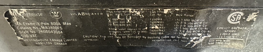 Westinghouse, Visabreaker, MCCB, 3-Pole, 800A Frame, 600V Max., 400A Adjust. Magnetic Trip - Image 1