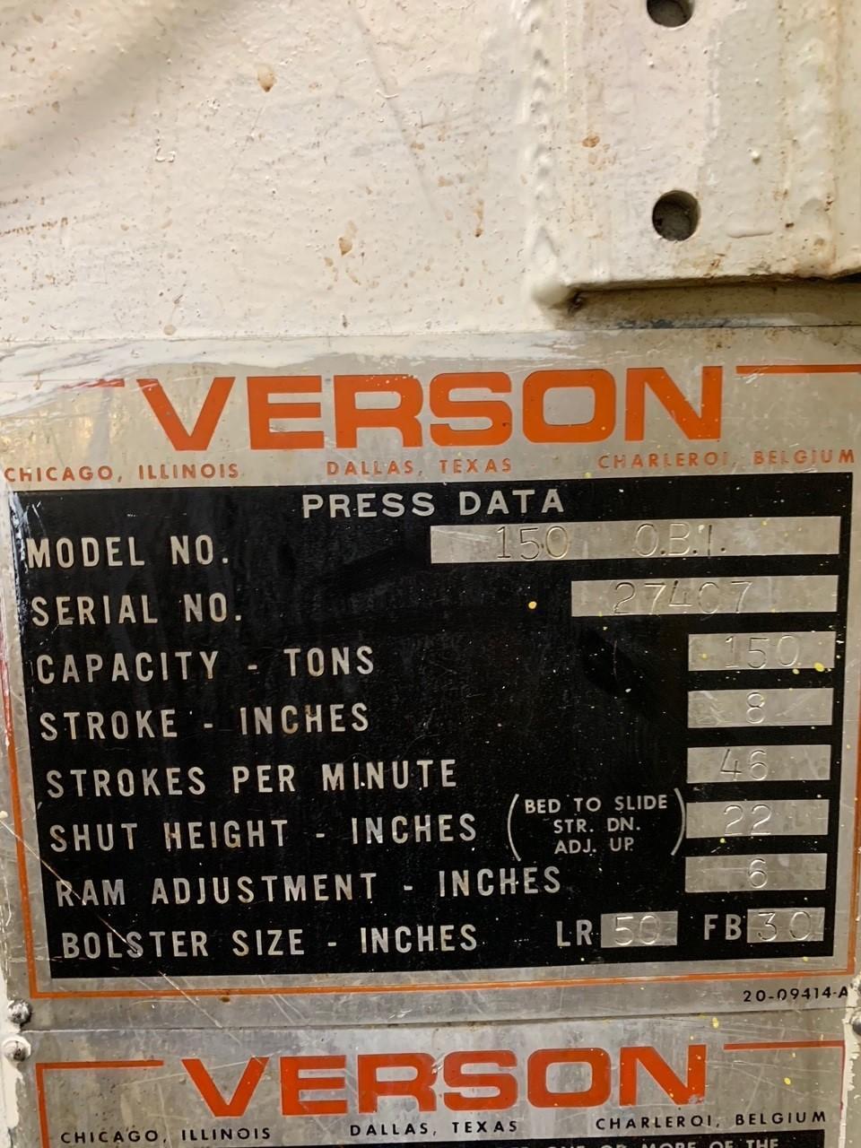 150 Ton, Verson #150, OBI flywheel press, 8" stroke, 22" Shut Height, 6" adj., 50" x 30" bed, 46 SPM, light - Image 5