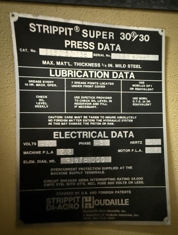 30 Ton, Strippit #Super-30/30, single stage fabricator punch press, 1/4" mild steel capacity, 460 V. - Image 2