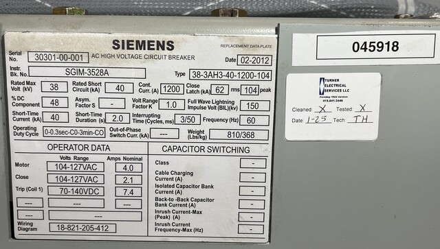 1200 Amps, Siemens, 38-3AH3-40-1200-104, Vacuum Circuit Breaker, 38,000 Volts, 2012, (4 available) - Image 3