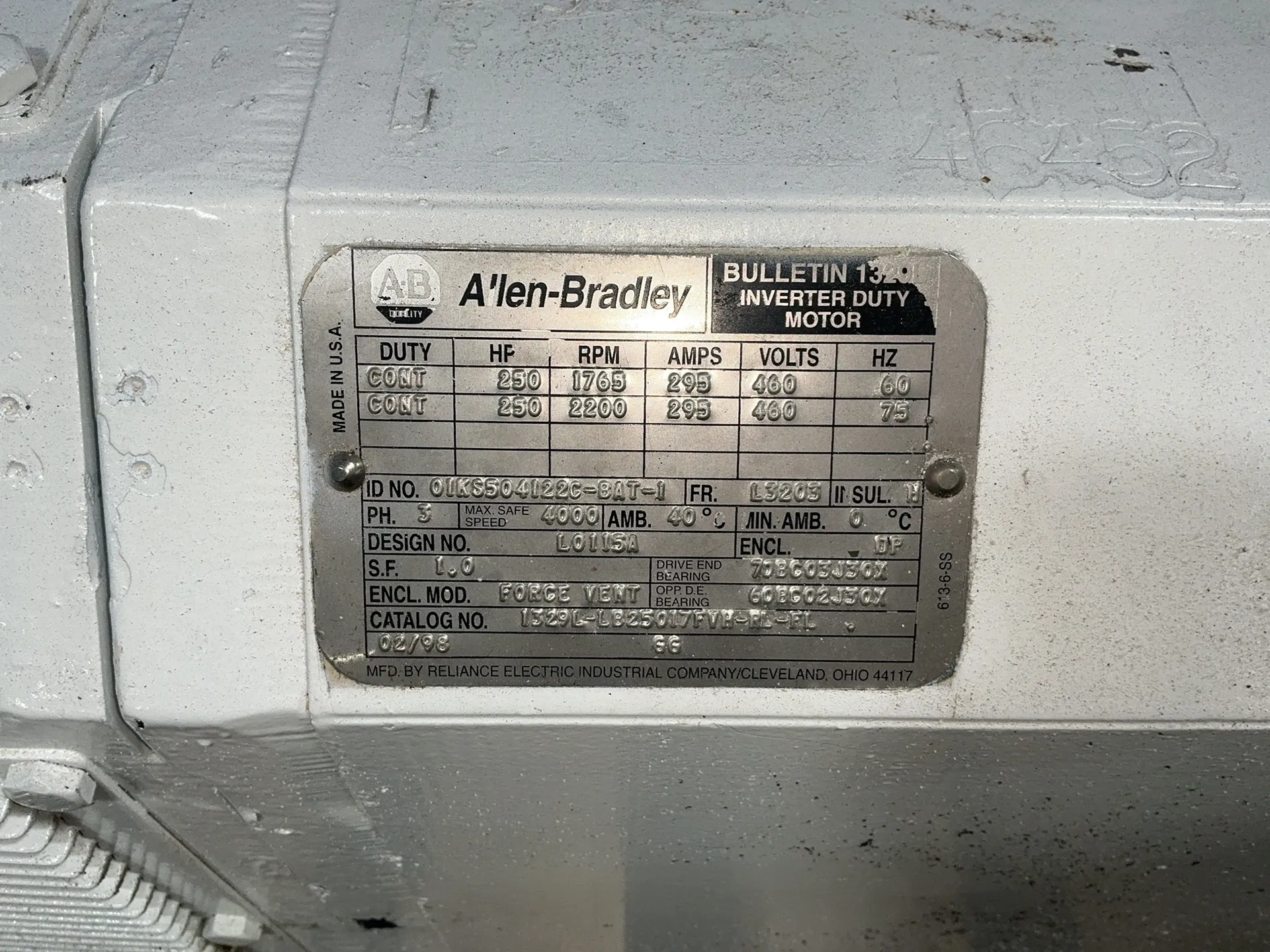 250 HP HP RPM 1765/2200 RPM Allen-Bradley #1329L-LB25017FVH-RL-FL, DC Motor, 295 A, 460 Volts - Image 6