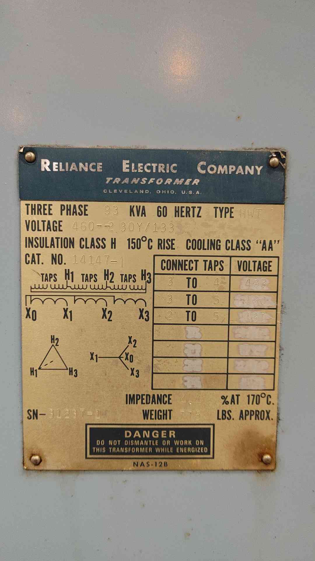93 KVA 460 Primary, 230Y/133 Secondary, Reliance, Dry Type Transformer, 3 Phase - Image 3