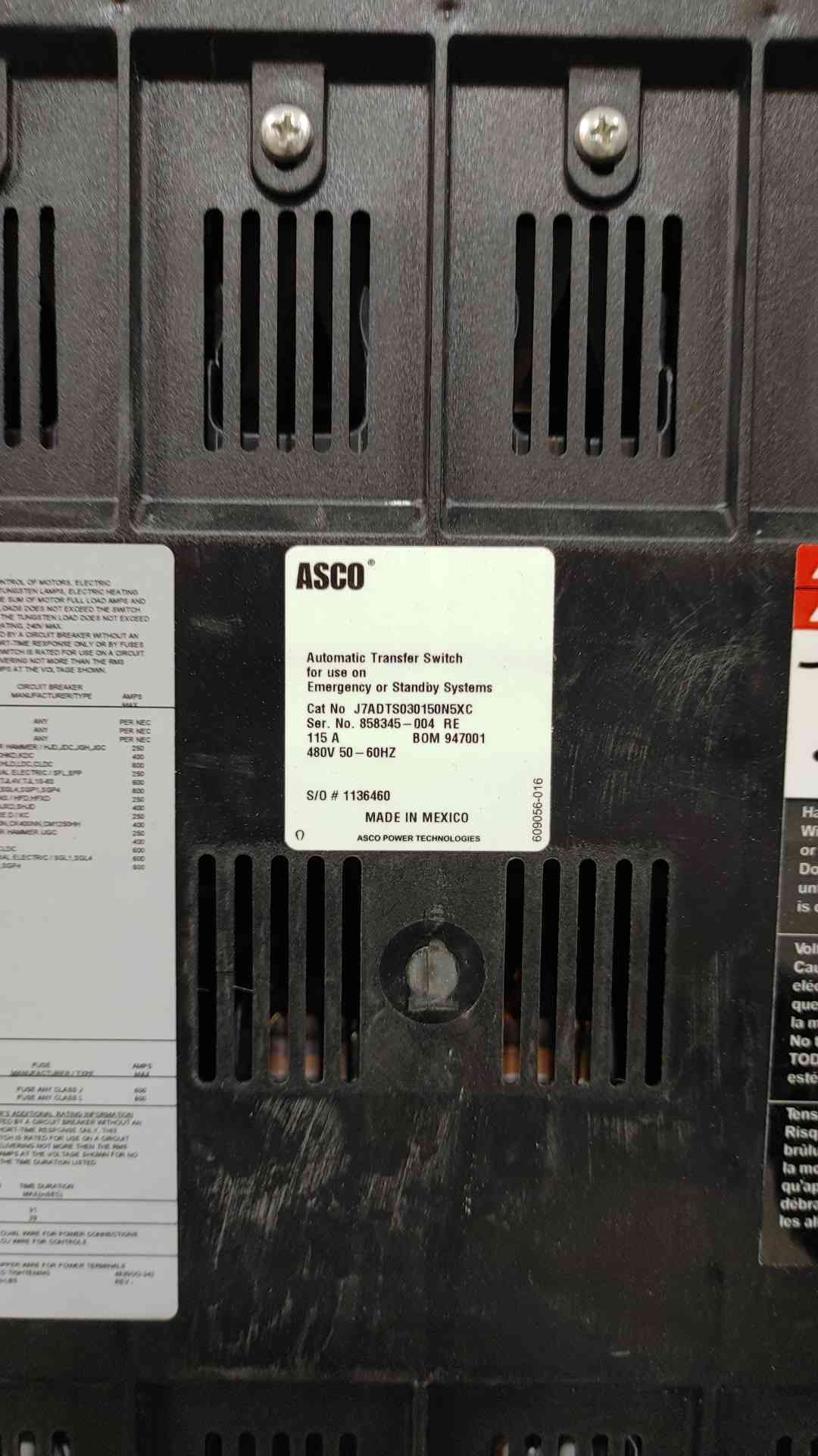 115 Amp. ASCO 7000 Series #J7ADTS030150N5XC, Automatic Transfer Switch, 480 Volts, 3 Phase (3 available) - Image 8