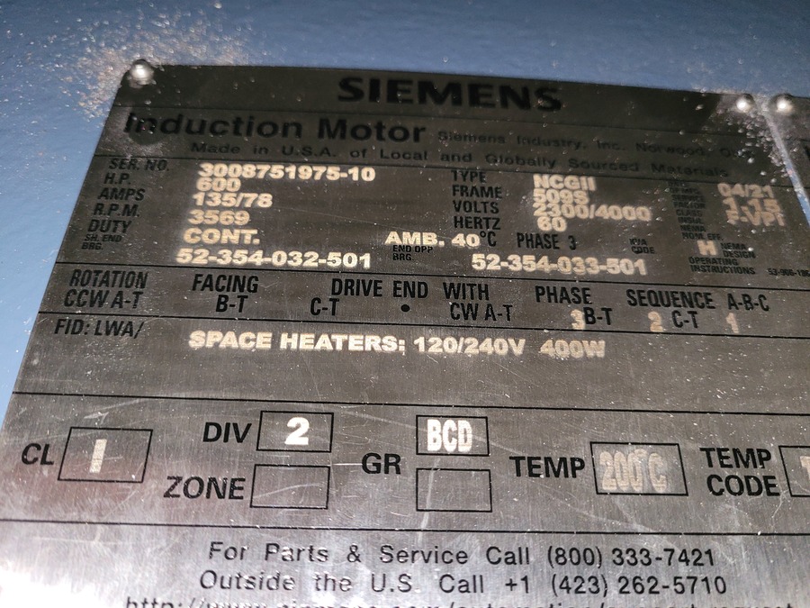 600 HP 3600 RPM Siemens, Frame 509S, weather protected enclosure type 2, SB, new, 2300/4000 Volts (2 - Image 4