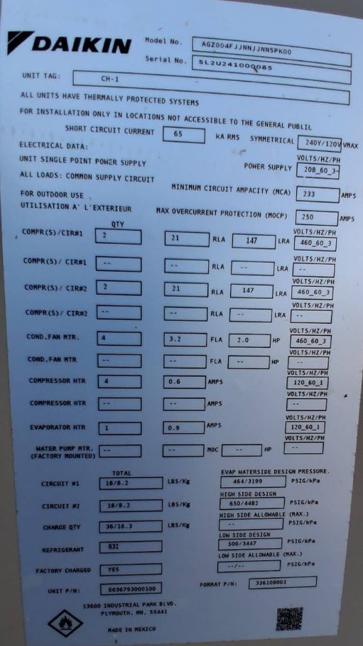 48.2 Ton, Daikin #AGZ004FJJNNJJNNSPK60, Air Cooled Scroll Chiller, R32 refrigerant, 208/230 Volt, 3PH, 2024 - Image 5