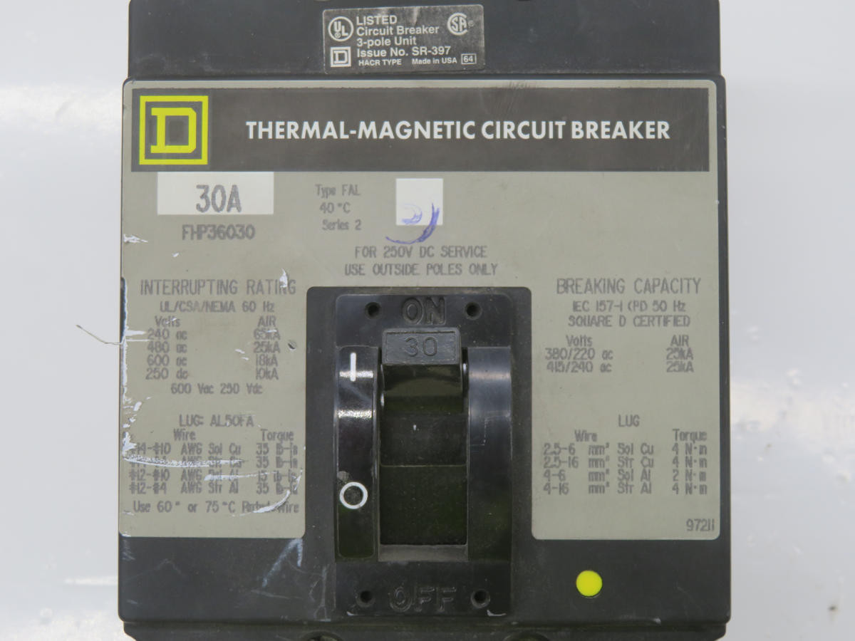 30 Amp, Square D #FHP36030, Molded Case Circuit Breaker, 100 Amp Frame, 3 Pole, 600 Volts AC, High - Image 3