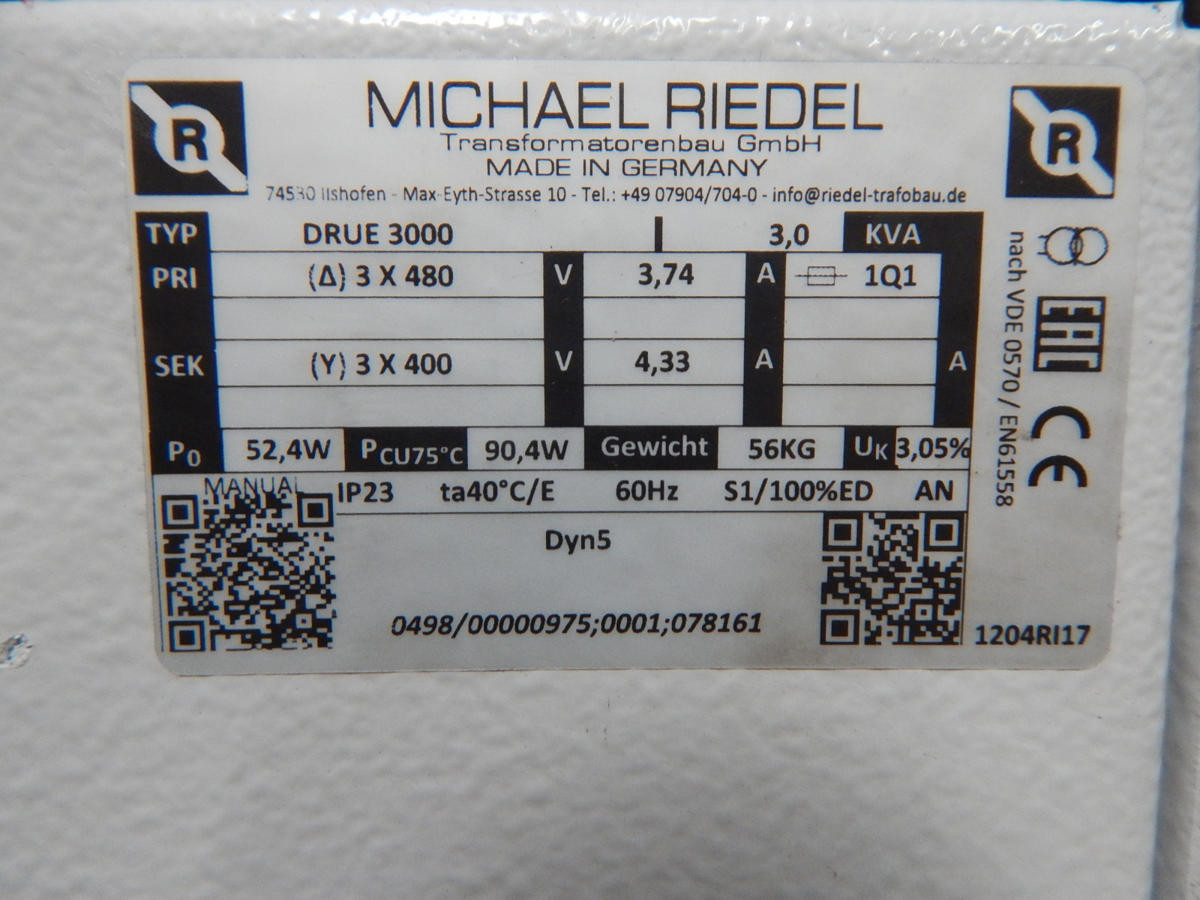 3 KVA 460 Primary, 230 Secondary, Michael Riedel #DRUE-3000, Transformer, 3 Phase - Image 5