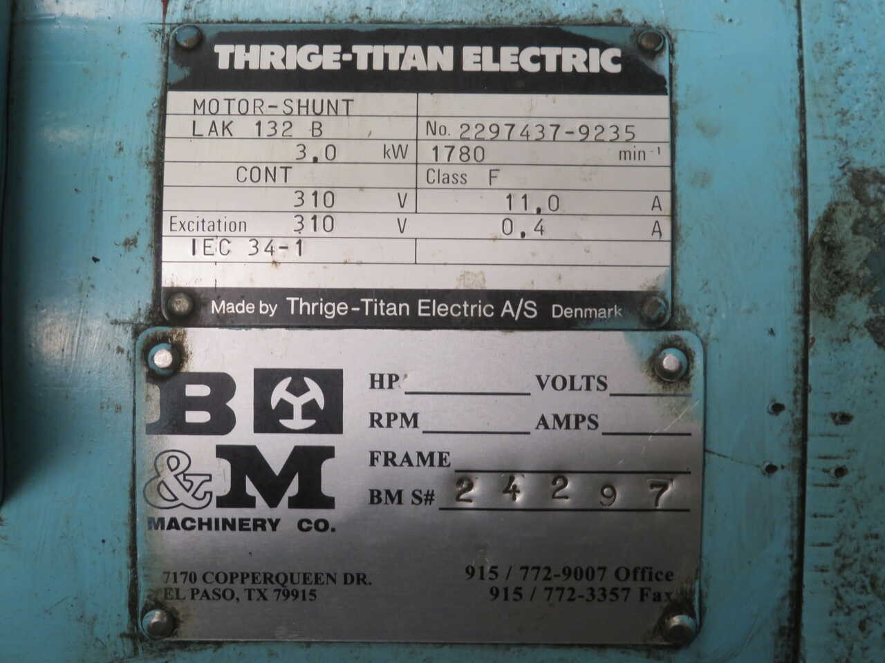 3 HP KW RPM 1780 Thrige-Titan #LAK-132-B, 310 Volts, DC Shunt Motor, Class F 2 available) - Image 7