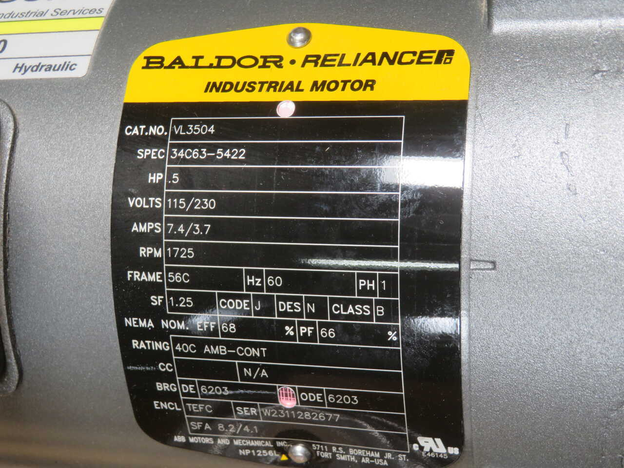 1/2 HP 1725 RPM Baldor #VL3504, Frame 56C, 1 phase, TEFC, C-Face Motor, 60 Hz. - Image 6