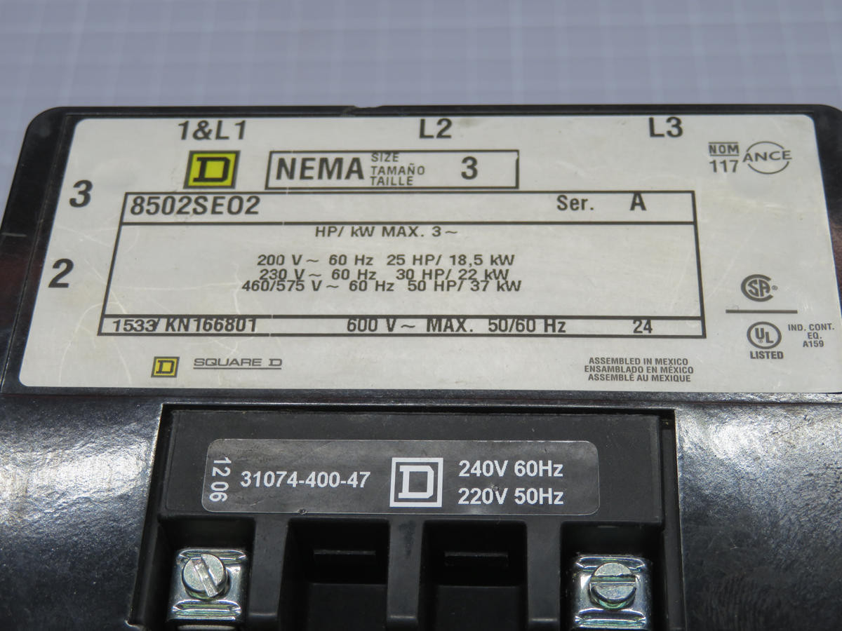 90 Amp, Square D #8502SE02, NEMA Size 3 Contactor, 3 Pole, 24 Volts AC Coil - Image 4