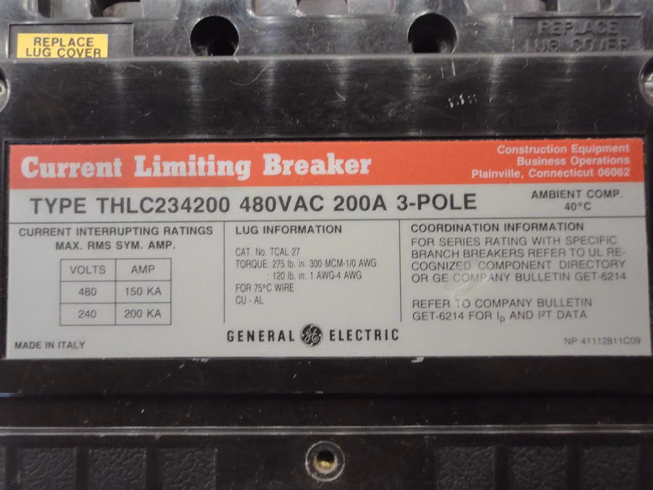 200 Amp, General Electric #THLC234200, Molded Case Circuit Breaker 3 Pole 480 Volts AC - Image 3