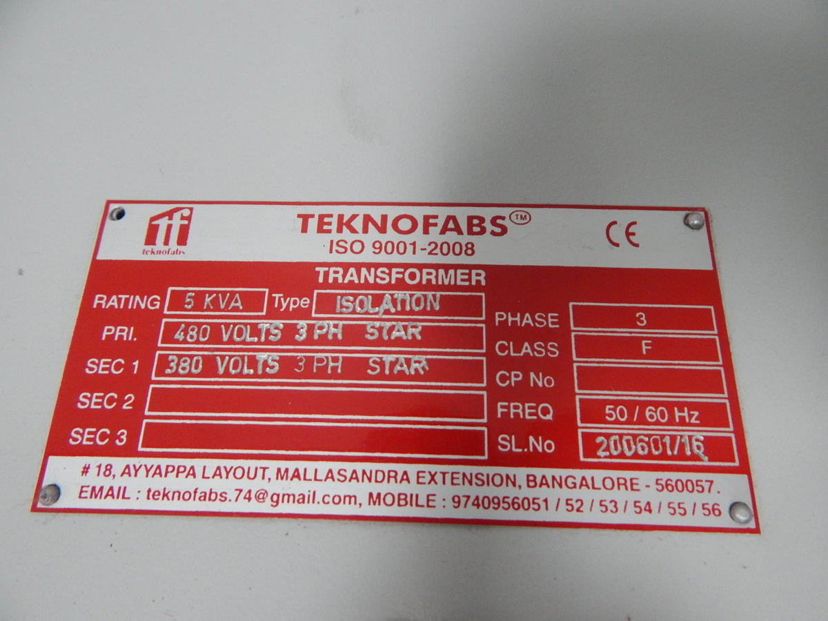 5 KVA 480 Primary, 380 Secondary, Teknofabs #200601/16, Transformer, 3 Phase - Image 4
