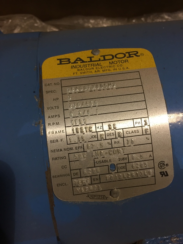 3 HP 1750 RPM Baldor, Frame 182TC, TEFC, 8.2/6.1 amp, 230/460 Volts - Image 1