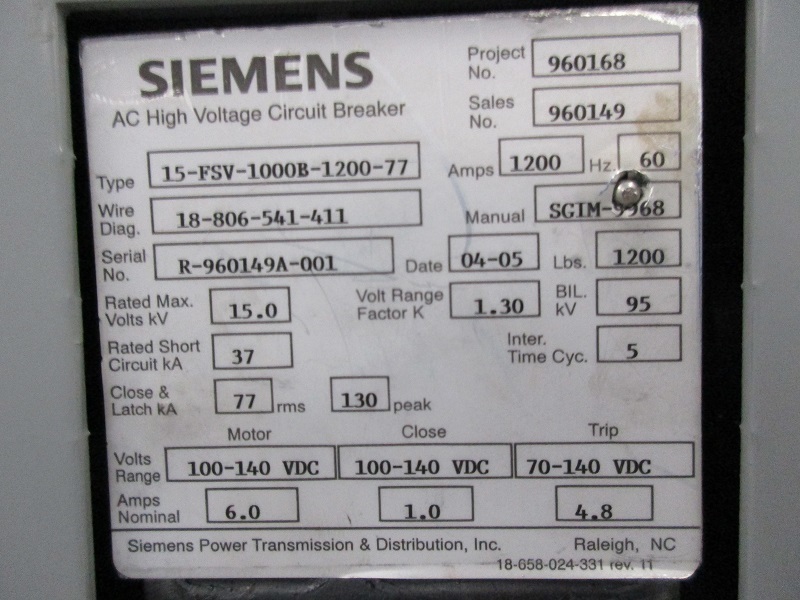 1200 Amps, Siemens, 15-FSV-1000B-77, 100-140 VDC Motor Vacuum Retrofit - Image 2