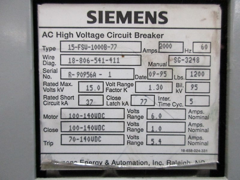 2000 Amps, Siemens, 15-FSV-1000B-77, 100-140 VDC Motor Vacuum Retrofit - Image 2