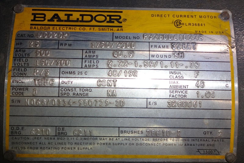 25 HP 1750/2300 RPM Baldor, Frame 328AT, TEFC, 500 VA, 300 VF - Image 4