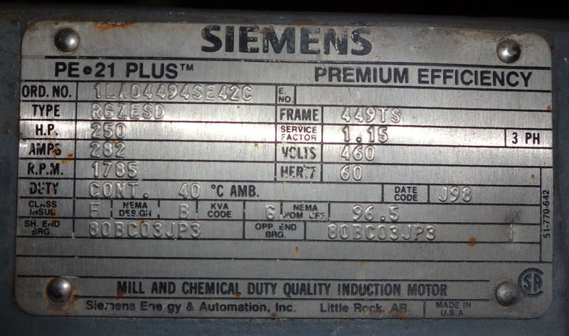 250 HP 1785 RPM Siemens, Frame 449TS, 1.15 service factor, 460 Volts - Image 5