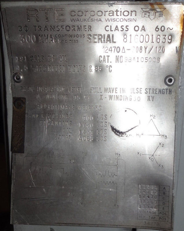 300 KVA 12470 Delta Primary, 208Y/120 Secondary, RTE, 9BA10500B, class OA - Image 5