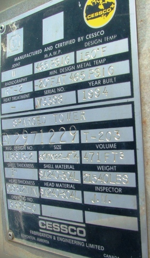 60" x 22.6' Cessco Fabrication & Engineering, sparger tower, 465 psi, 150°F, SA-240-304L shell & head - Image 4