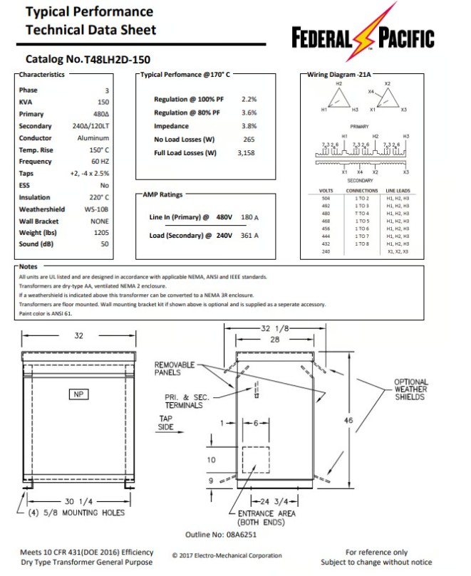 150 KVA 480 Delta Primary, 240/120 Secondary, Federal Pacific, Step-Down Transformer, 302°F max. temp. rise - Image 2