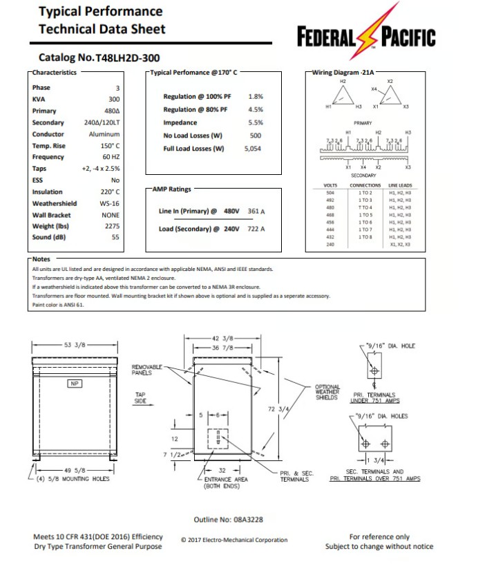 300 KVA 480 Delta Primary, 240/120 Secondary, Federal Pacific, Step-Down Transformer, 302&deg;F max. temp. rise - Image 2
