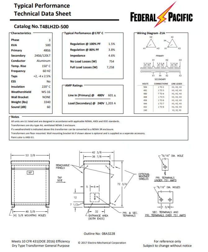 500 KVA 480 Delta Primary, 240/120 Secondary, Federal Pacific T48LH2D-500, Step-Down Transformer, NEMA 3R - Image 2