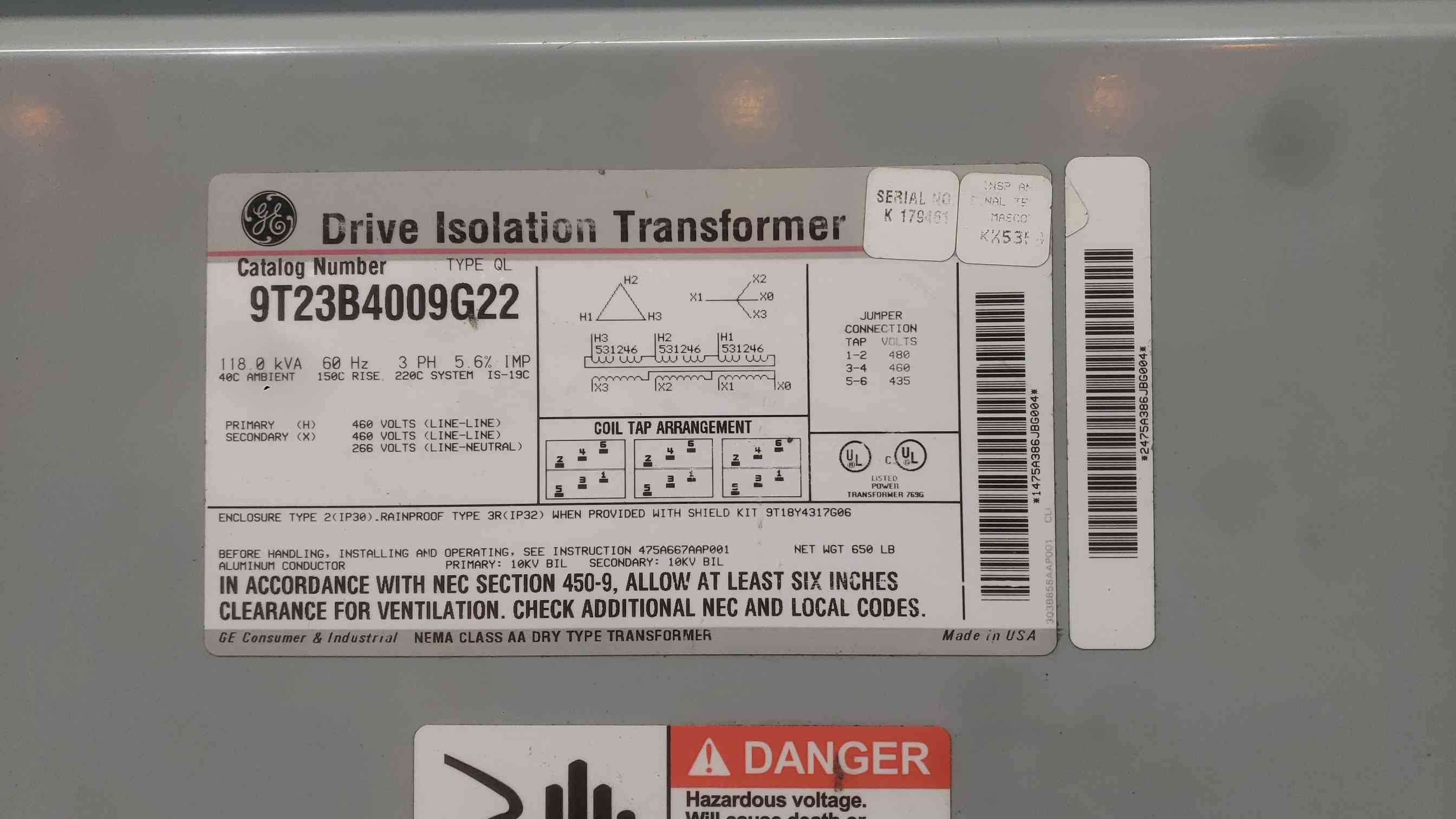 118 KVA 460 Primary, 460/266 Secondary General Electric #9T23B4009G22, Drive Isolation Transformer, Dry Type - Image 2