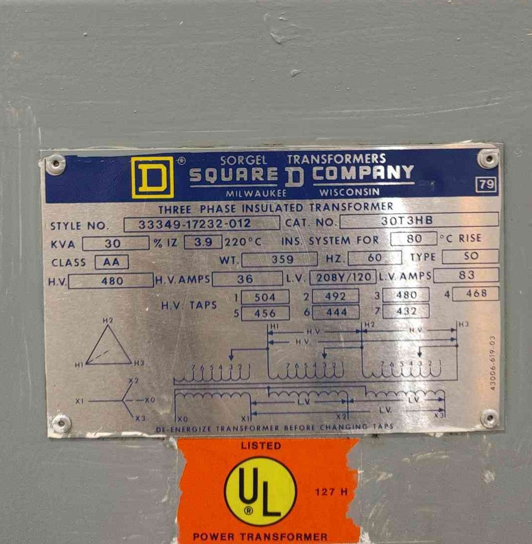 30 KVA 480 Primary, 208Y/120 Secondary, Square D Sorgel #30T3HB, 80°C Low Temp Transformer - Image 2