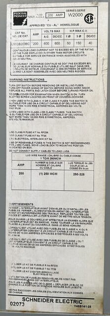 200 Amp. Federal Pioneer/federal Pacific Pioneer/Pacific, QMQB2036C, Fusible Panelboard Switch, 3-Pole, 600 - Image 1