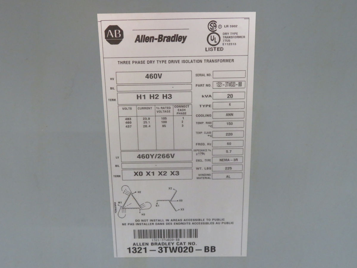 20 KVA 460 Primary, 460Y/266 Secondary, Allen-Bradley #1321-3TW020-BB, Dry Type Drive Isolation Transformer - Image 4