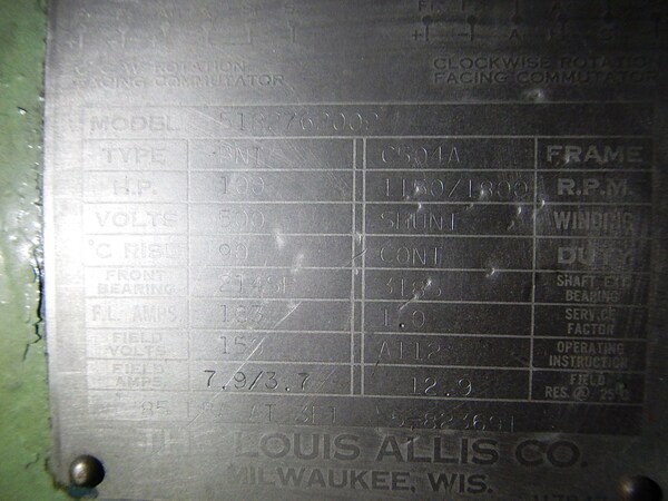 100 HP 1200 RPM Louis Allis, Frame 504A, DPFVBB, 500 VA, 150 VF - Image 1
