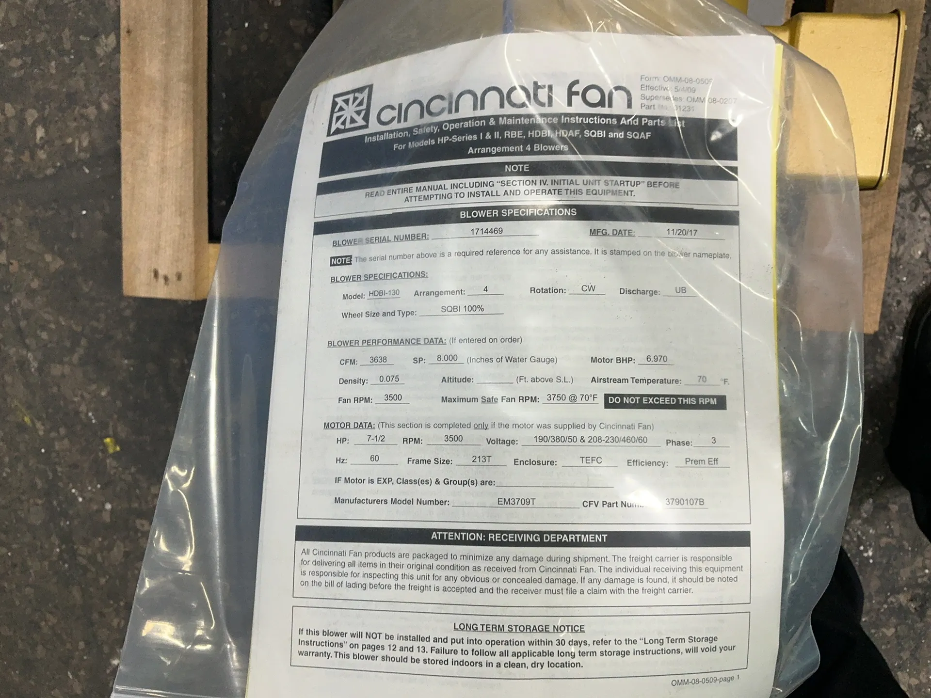 3638 CFM, Cincinnati Fan #HDBI-130, Blower, 7.5 HP, 3750 RPM, 190/208-230/380/460 V., 3 Ph., 50/60 Hz., 2017 - Image 4