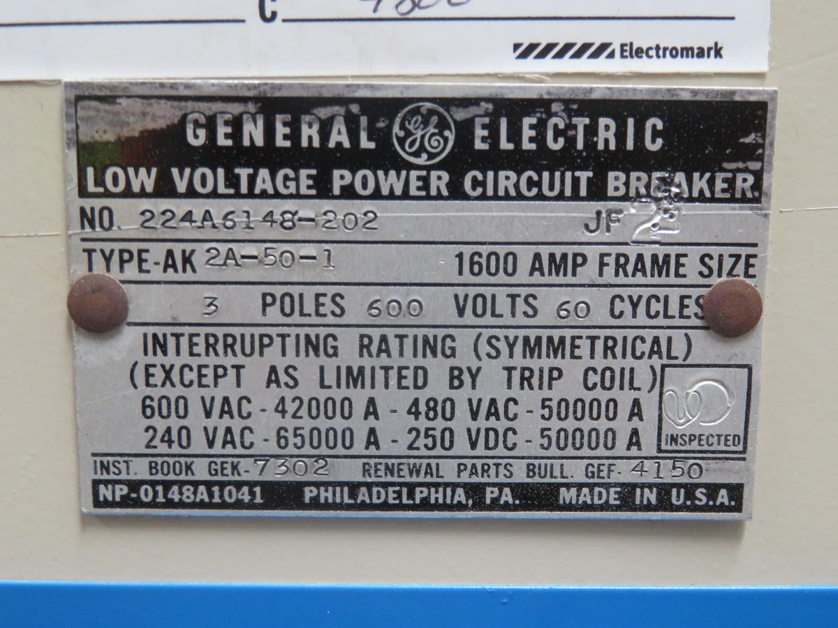 1600 Amps, GE #AK-2A-50-1, Circuit Breaker, 3-POLE, Air Type, 600 VAC, 1600 Amps, 60 HZ - Image 5