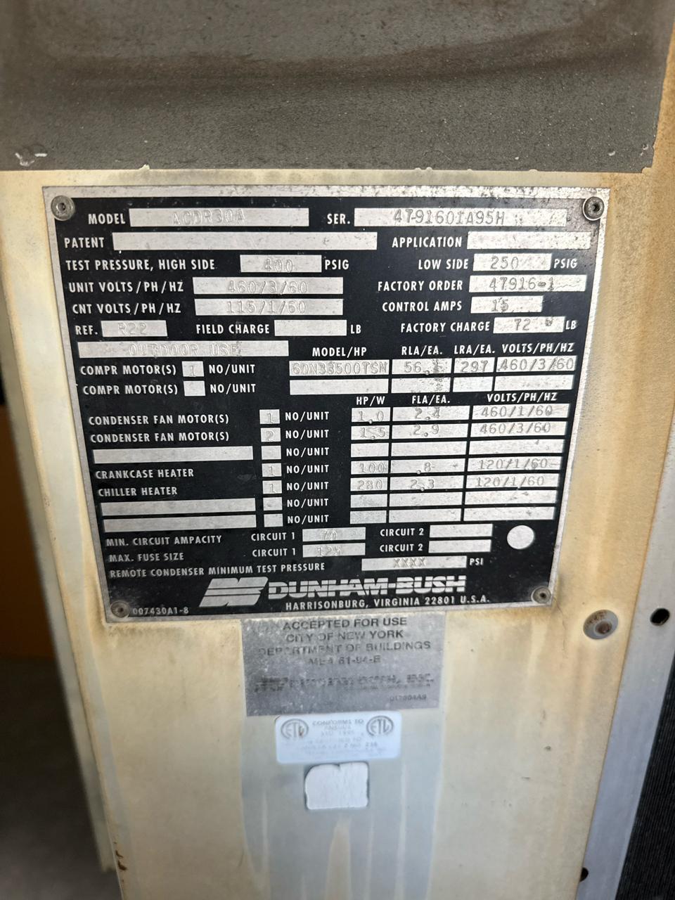 50 Ton, Dunham-Bush #ACDR30A, air cooled chiller, R22, 460 V., 3 Ph., new pump and new cooling barrel - Image 4