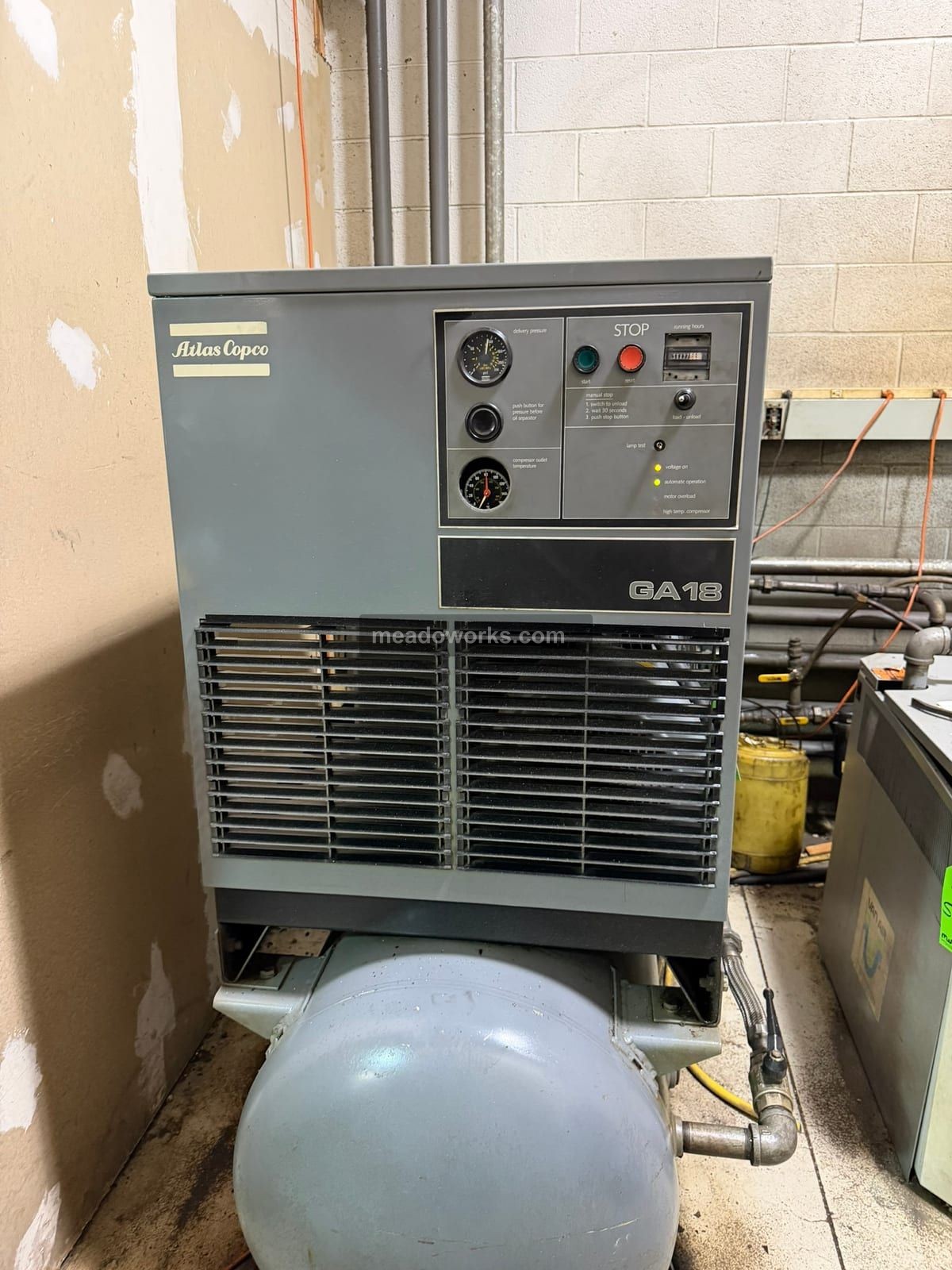 122 cfm, Atlas Copco #GA18, Tank Mounted Rotary Screw Air Compressor, 25 HP, 230/460 V., 56,477 hours - Image 2
