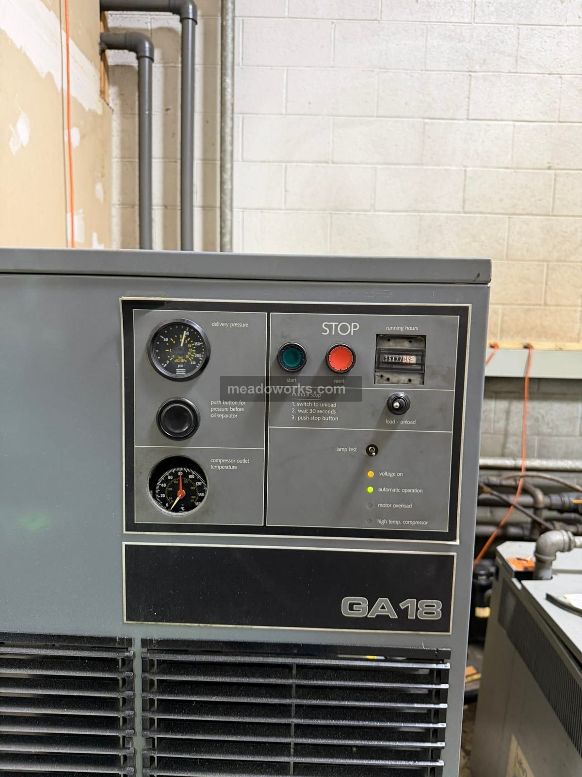 122 cfm, Atlas Copco #GA18, Tank Mounted Rotary Screw Air Compressor, 25 HP, 230/460 V., 56,477 hours - Image 5