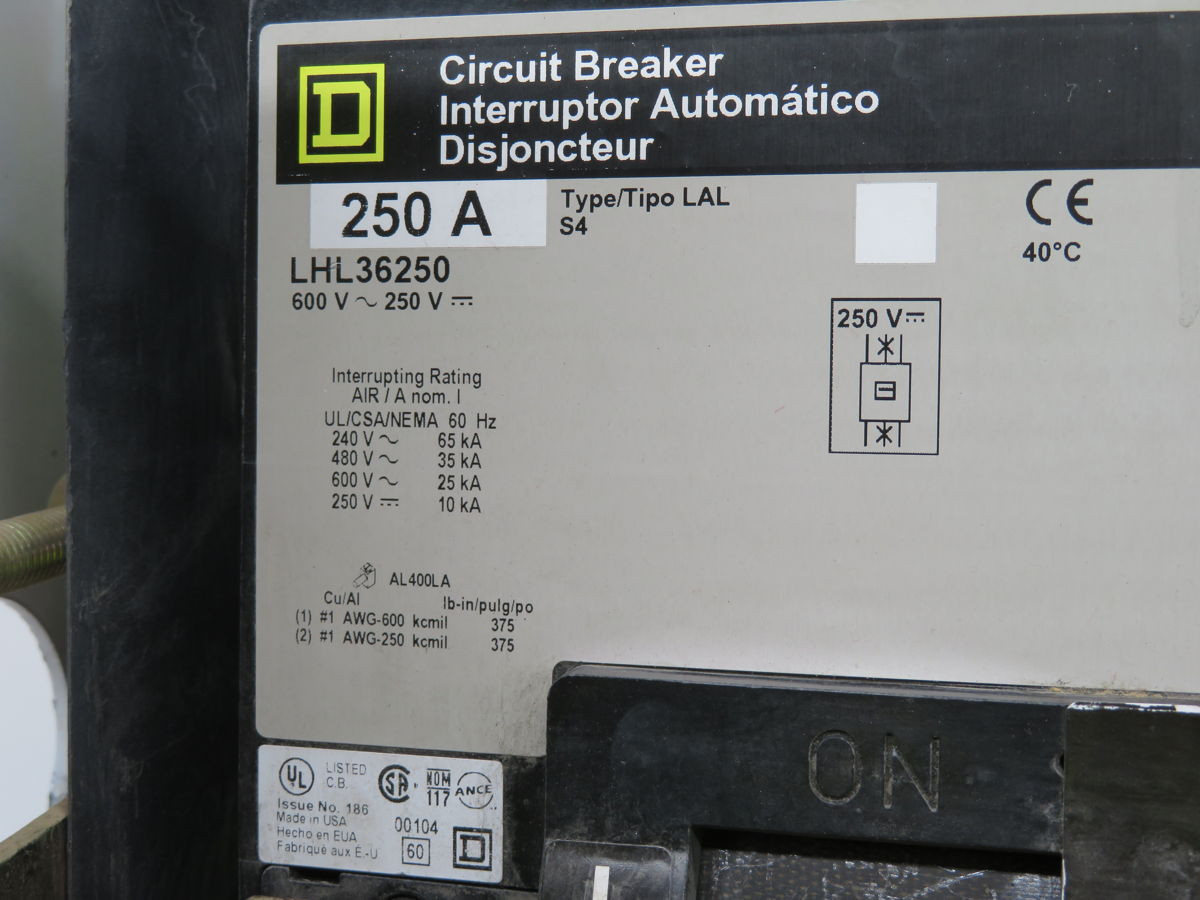250 Amp, Square D #LHL36250, Circuit Breaker, 3 Pole, 600V AC 25KA IC, 250V DC 50KA IC - Image 5