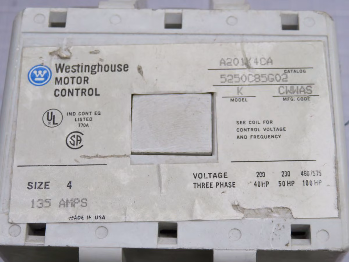 135 Amp, Westinghouse #A201K4CA, Contactors, 135A Rating, 40-100 HP Load, 110/120V 50/60Hz Coil - Image 1