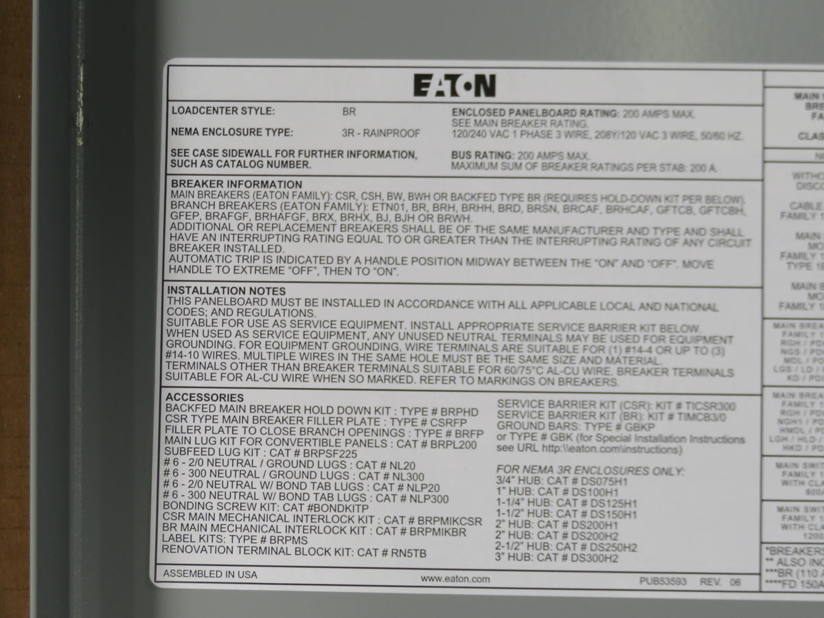 200 Amp, Eaton BRP30B200R, Outdoor Main Lug, 30 Space, 60 Circuits, with Main Breaker - Image 9