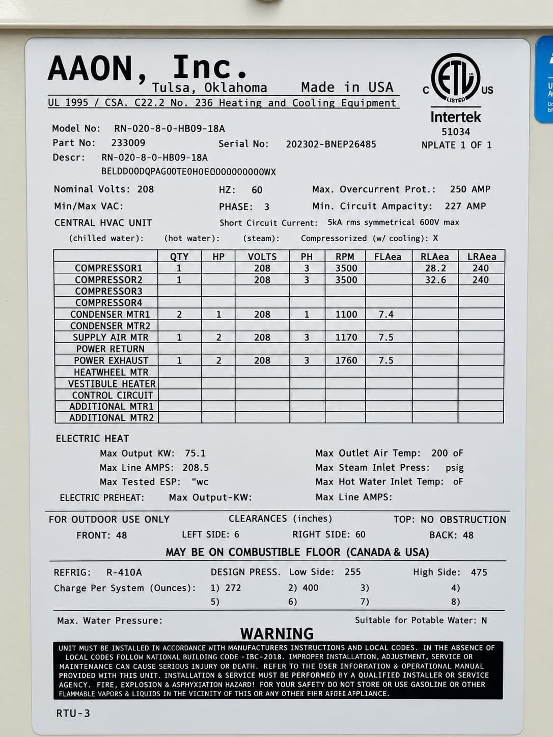 20 Ton, Aaon #RN-020-8-0HB09-18A, rooftop package units, R410a, 208 V., new, unused (3 available) - Image 4