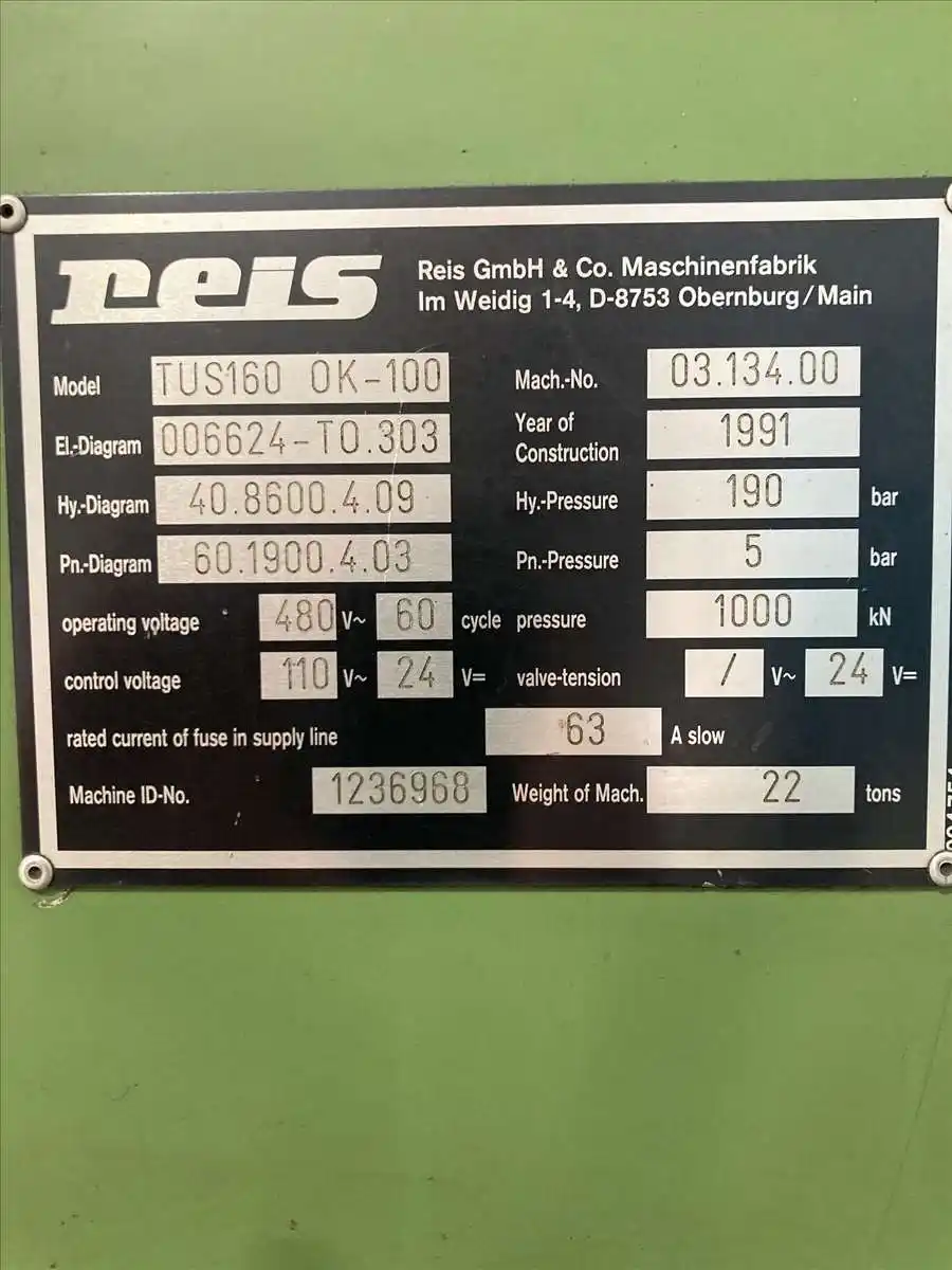 100 Ton, Reis #TUS160-OK-100, die spotting & tryout press, 1991 - Image 4