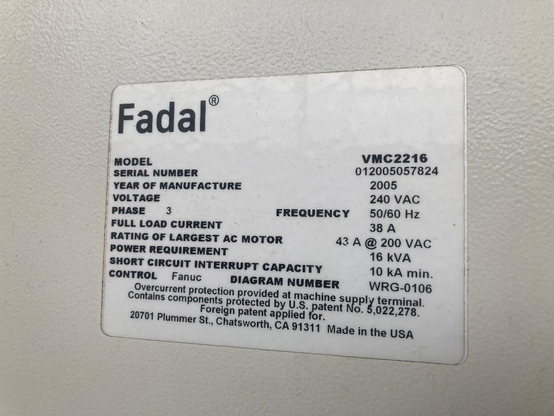 Fadal #VMC-2216, CNC Vertical Machining Center, Fanuc control, CAT 40, 2005 - Image 2