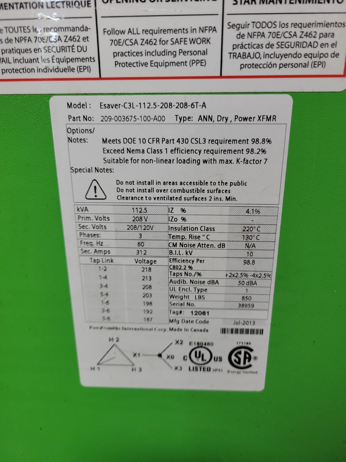 112.5 KVA 208 Primary, 208/120 Secondary, Powersmiths #209-003675-100-A00, ANN ESaver Transformer, 3 phase - Image 2
