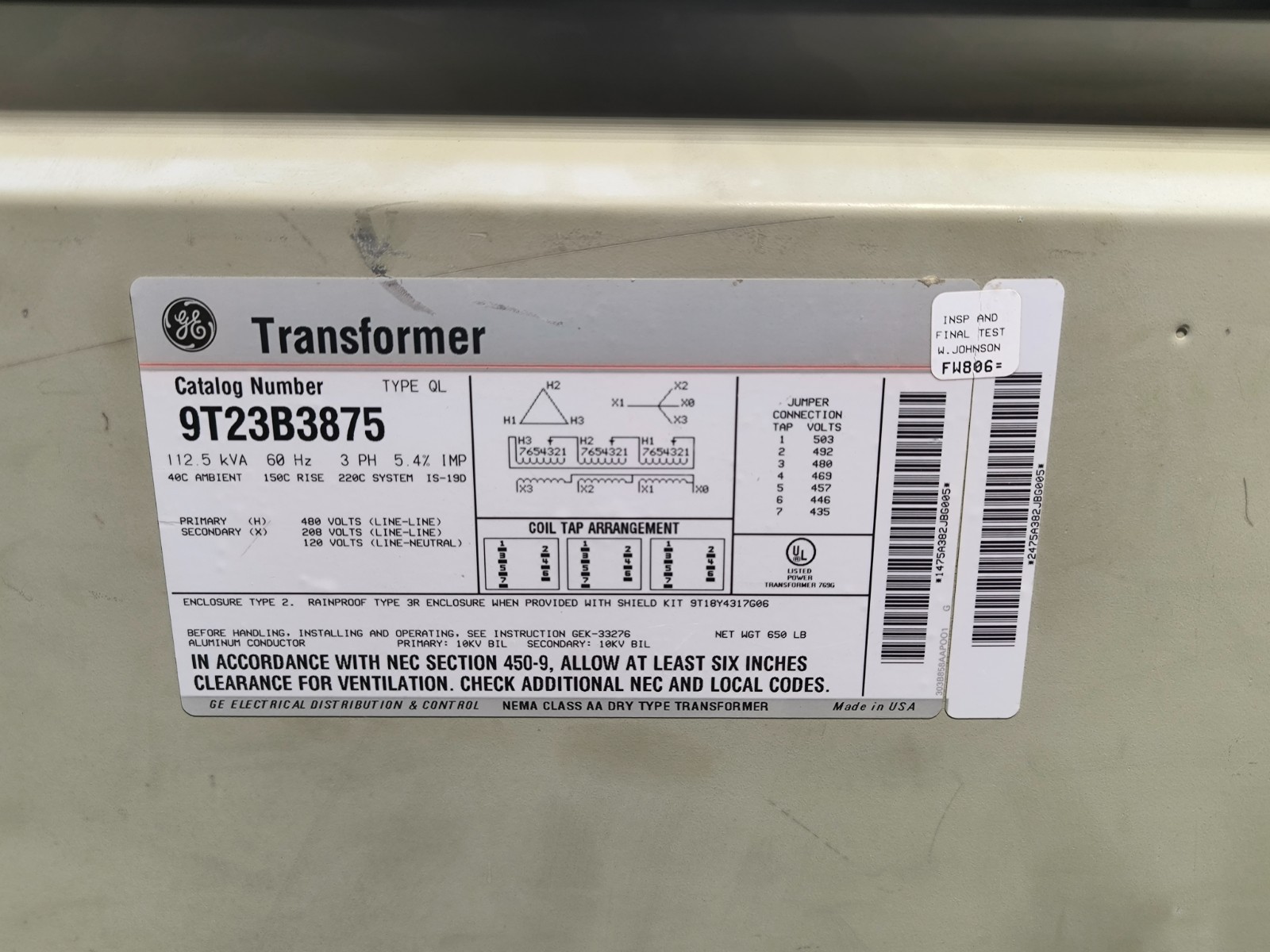 112.5 KVA 480 Primary, 208/120 Secondary, General Electric #9T23B3875, Transformer, 3 phase - Image 2
