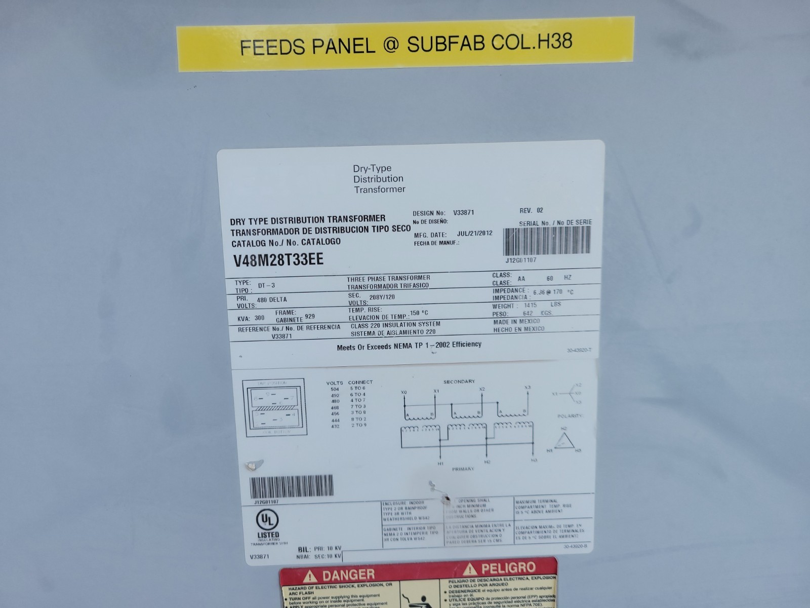 300 KVA 480 Delta Primary, 208Y/120 Secondary, Eaton #V48M28T33EE, Dry Type Transformer, 3 phase, 3R - Image 3